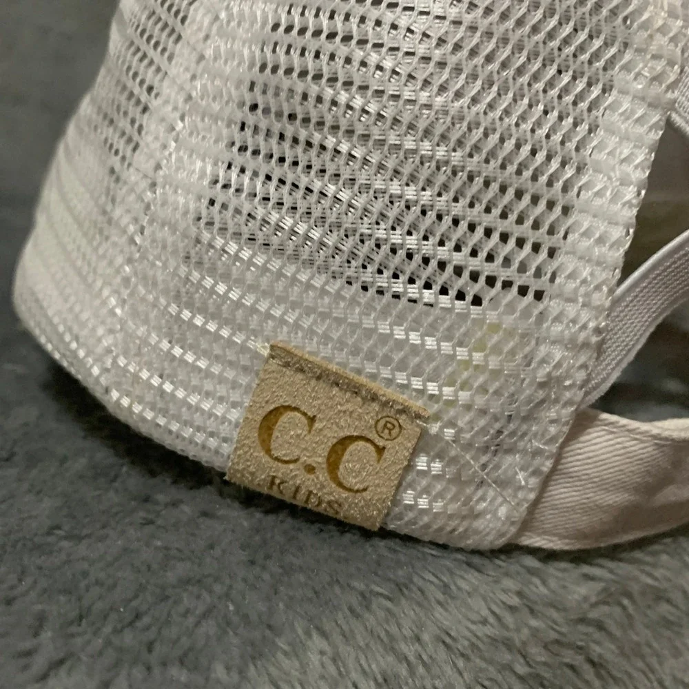 CC Girls Ponytail Trucker Hat Camo Grey White Distressed Mesh Back Messy Bun Cap